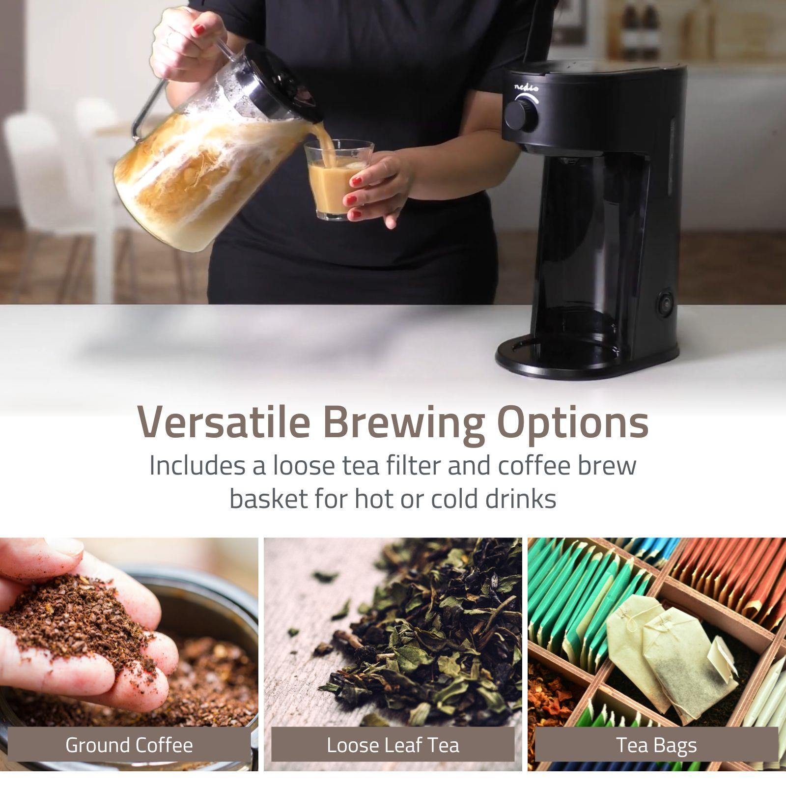 Nedis Ice Tea and Iced Coffee Maker - Hot & Cold Brewing with 2.5L Pitcher, 700W Power, Adjustable Strength Dial, Pod-Free Brewing, Dishwasher-Safe, Black