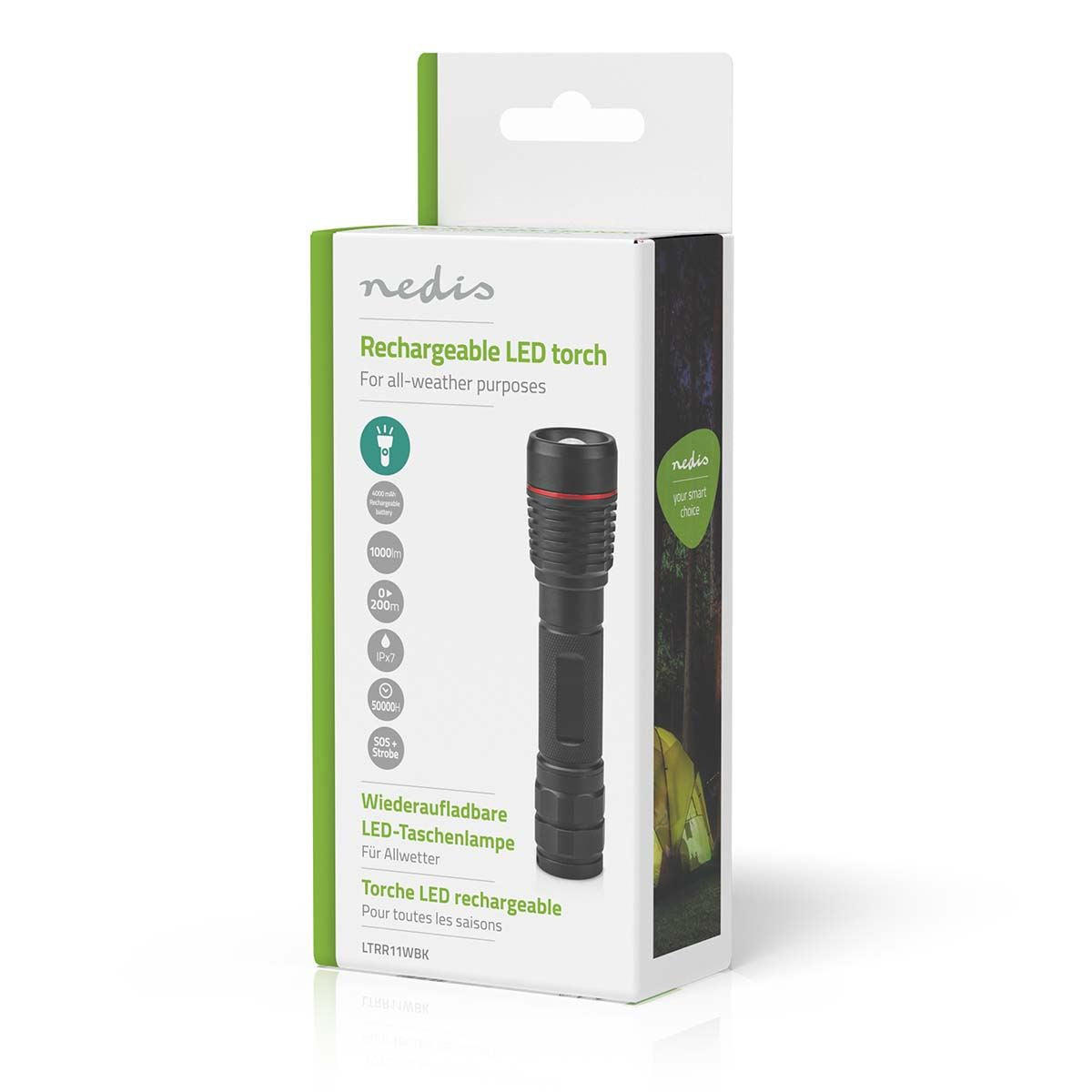 Nedis LED Torch, Rechargeable 1000 Lumen Flashlight with Adjustable Focus Beam, USB-C Charging, IPX7 Water-Resistant, 200m Beam, 2h Runtime