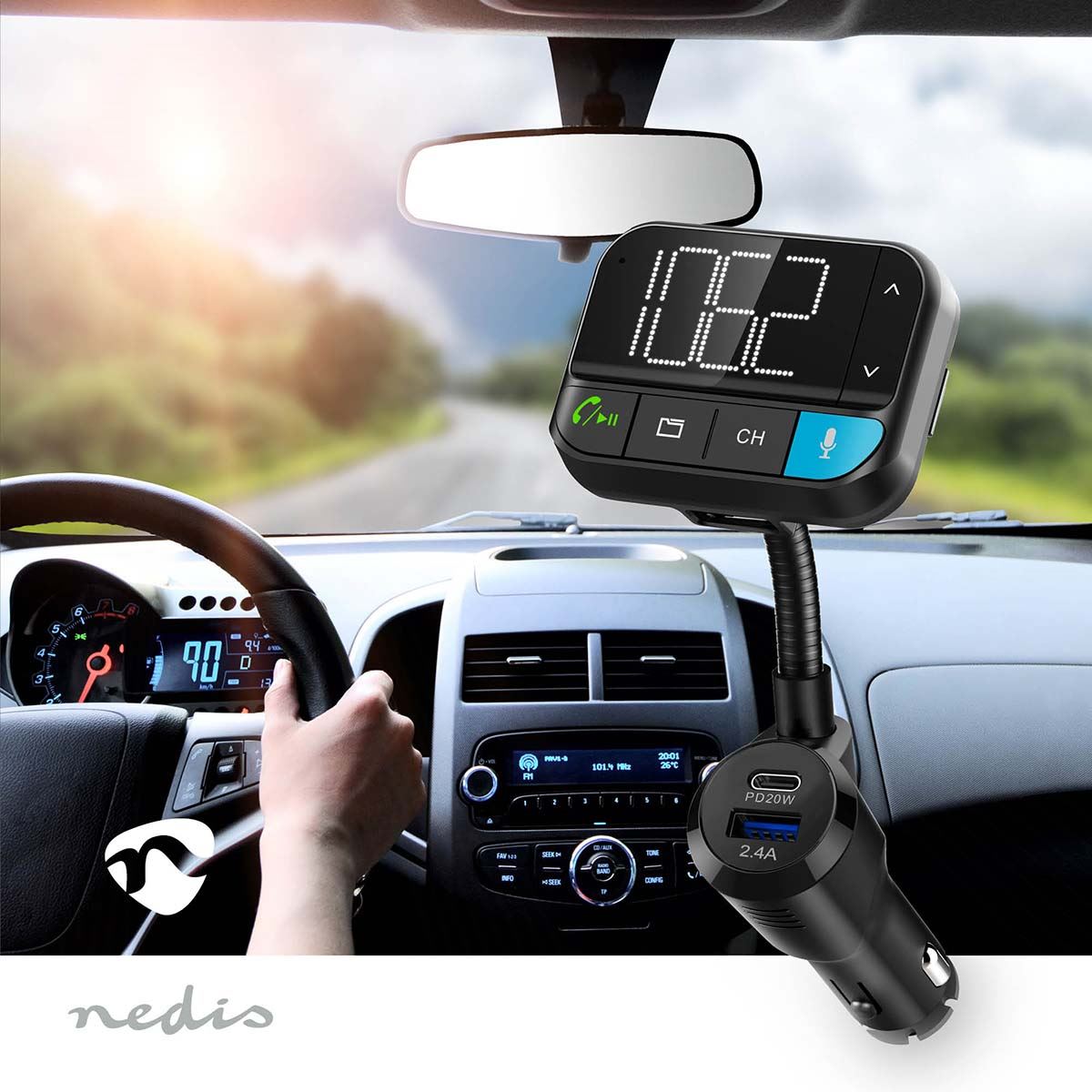 Nedis Car FM Transmitter | Gooseneck | Speakerphone | 2 " | Black White Screen | Bluetooth® | PD 20 W / QC 3.0 | Fast charging | Bass boost | Google Assistant / Siri | Black
