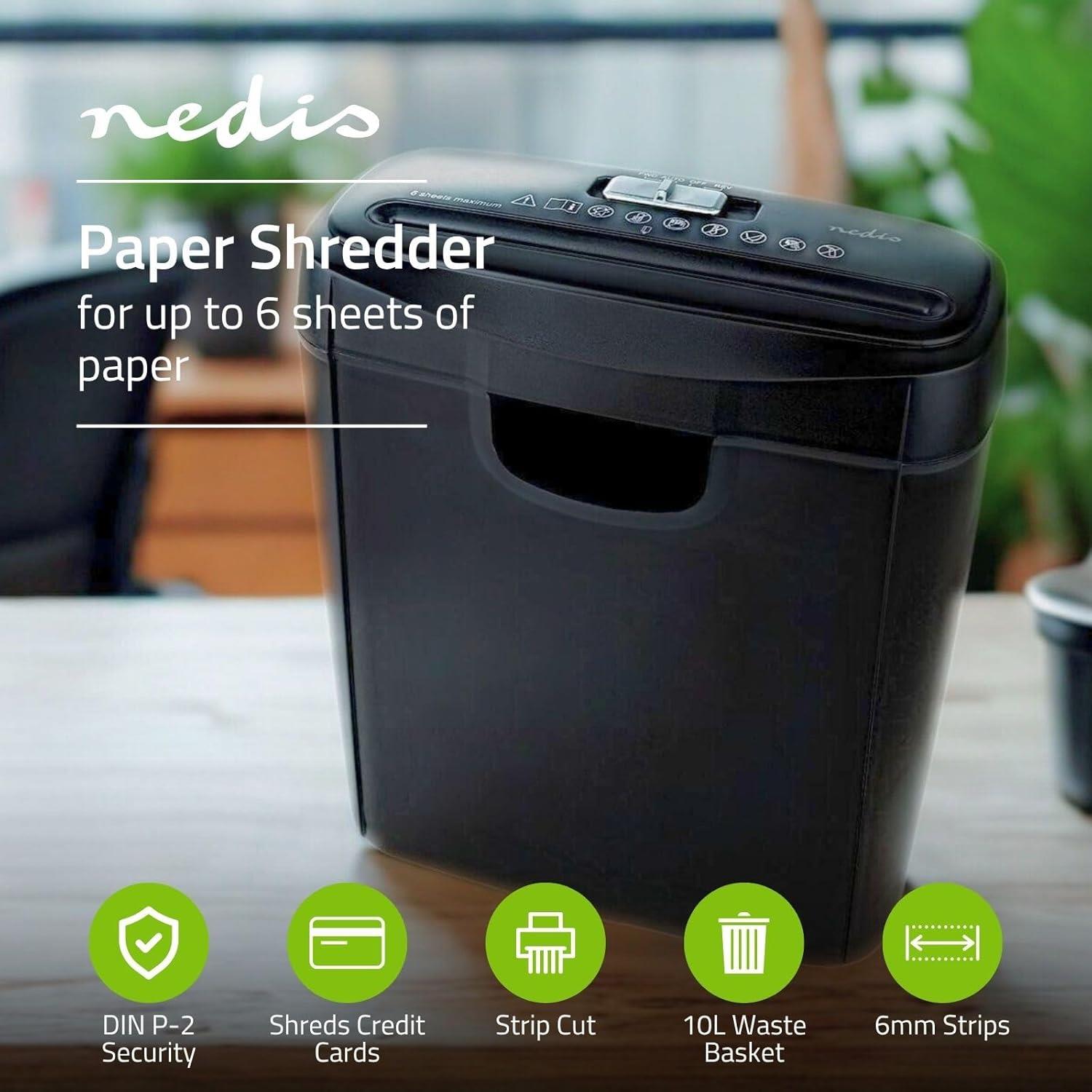 Nedis 6 Sheet Strip Cut Paper Shredder, DIN P-2 Security, Compact Shredder for Home & Small Office Use, Shreds Credit Cards, 10L Bin - Black