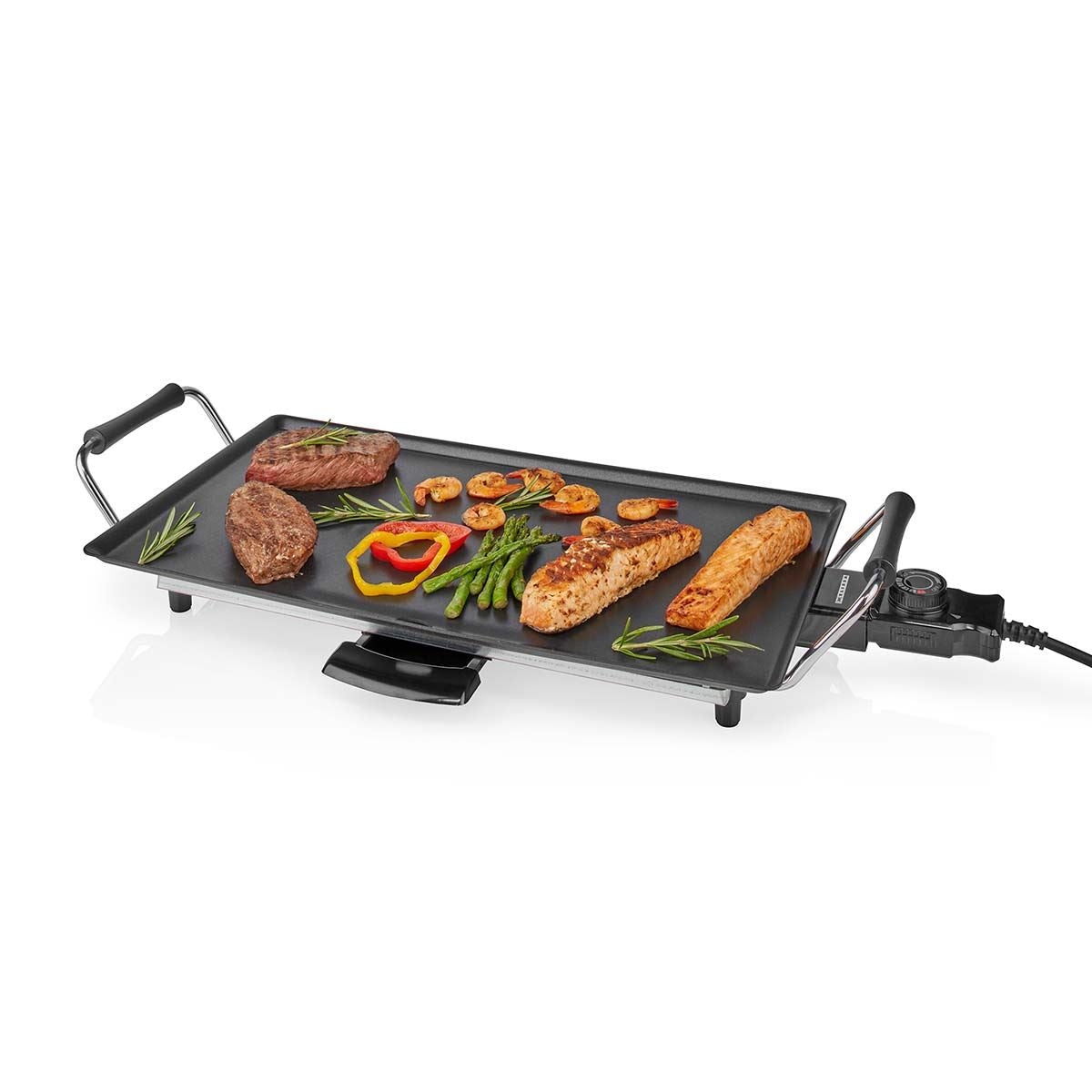 MELISSA Electric Teppanyaki Grill Plate, Large Non-Stick Table Top Griddle with 47.5cm x 26.5cm Hot Plate, Adjustable Temperature Control and Drip Tray, 2000W - Black