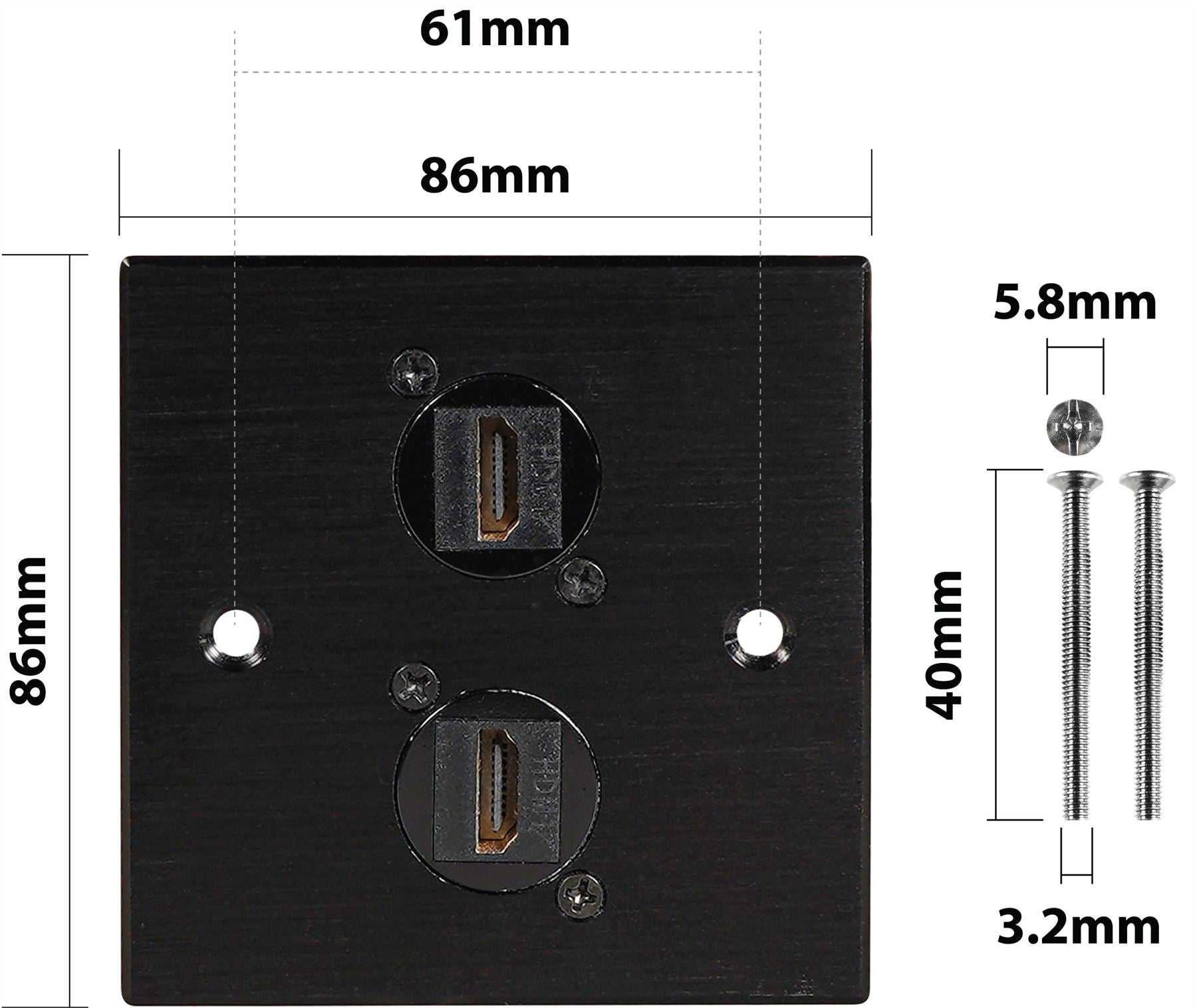 Black Wall Face Plate Electrical AV Slim Series 2 x HDMI Feedthrough Wall Plate Metal