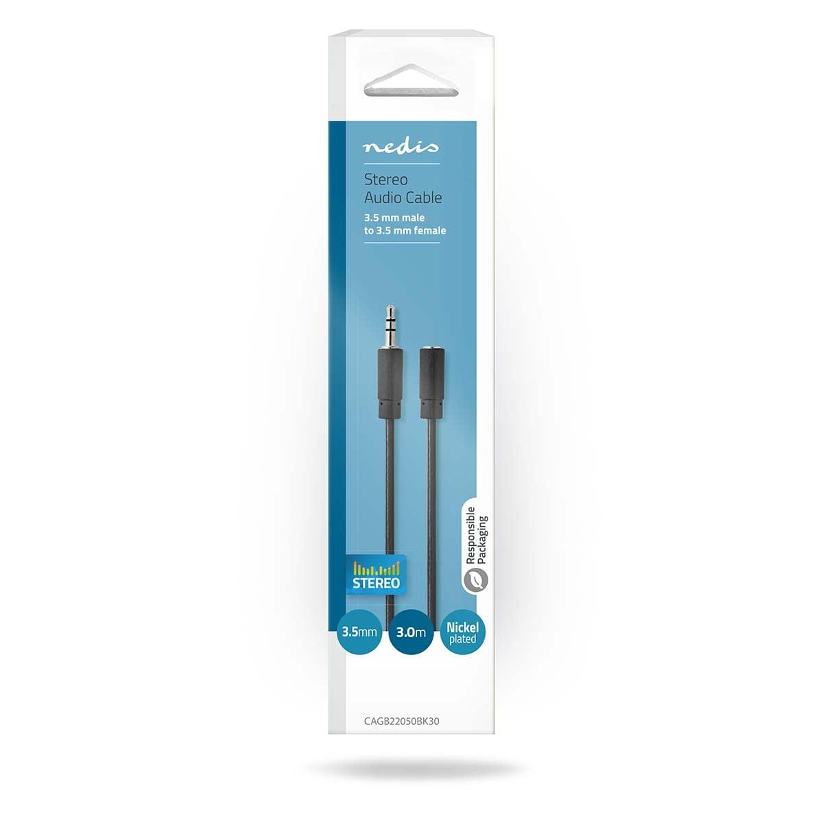 Nedis Stereo Audio Cable | 3.5 mm Male | 3.5 mm Female | Nickel Plated | 3.00 m | Round | Black | Box