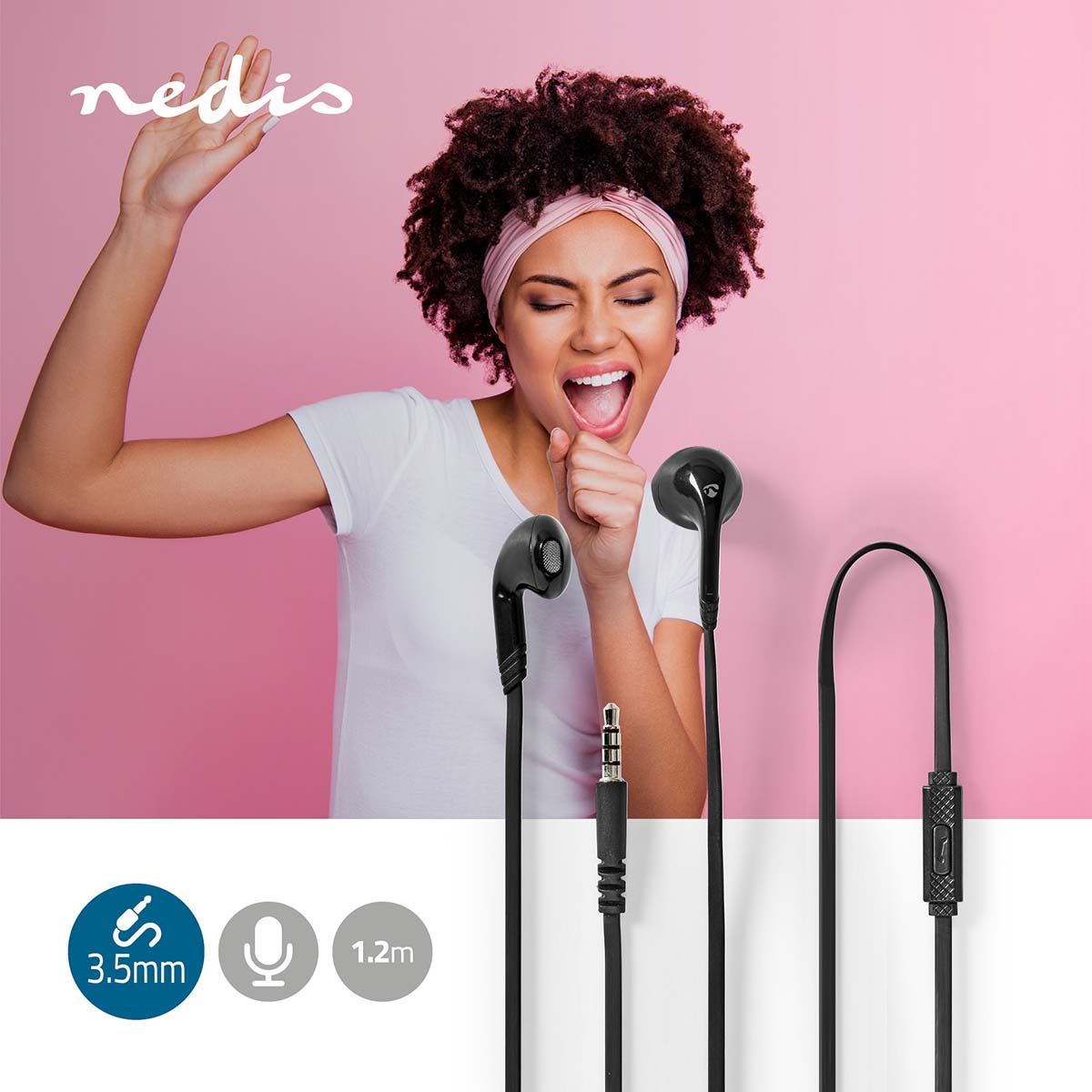 Nedis Wired Earphones Headphones with Microphone, 3.5 mm, Rope Length: 1.20 m, Black