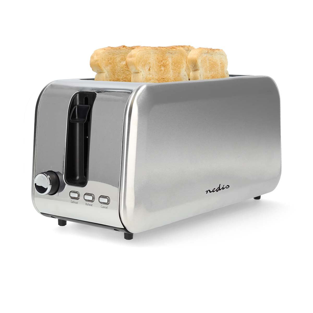 Nedis 2 Slice Toaster with Extra Long Slots, Bun Warming Rack, 7 Browning Settings, Defrost, Reheat and Cancel, 1450W
