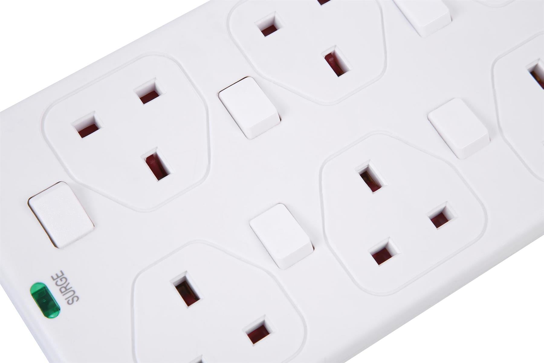 6 Gang 10m Mains Extension Lead Socket Individually Switched 13A with Surge Potection - White