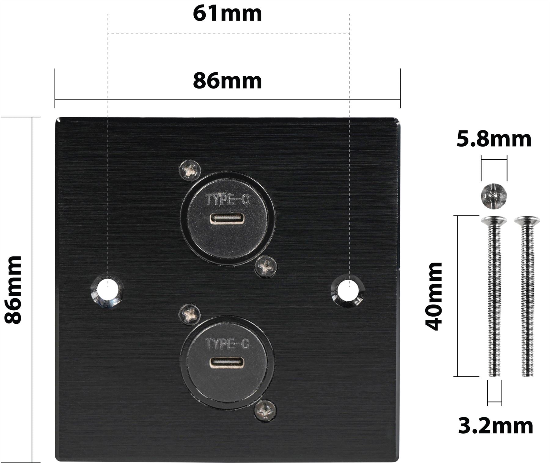 Black Wall Face Plate Electrical AV Slim Series 2 x USB C Sockets Feedthrough Wall Plate Metal
