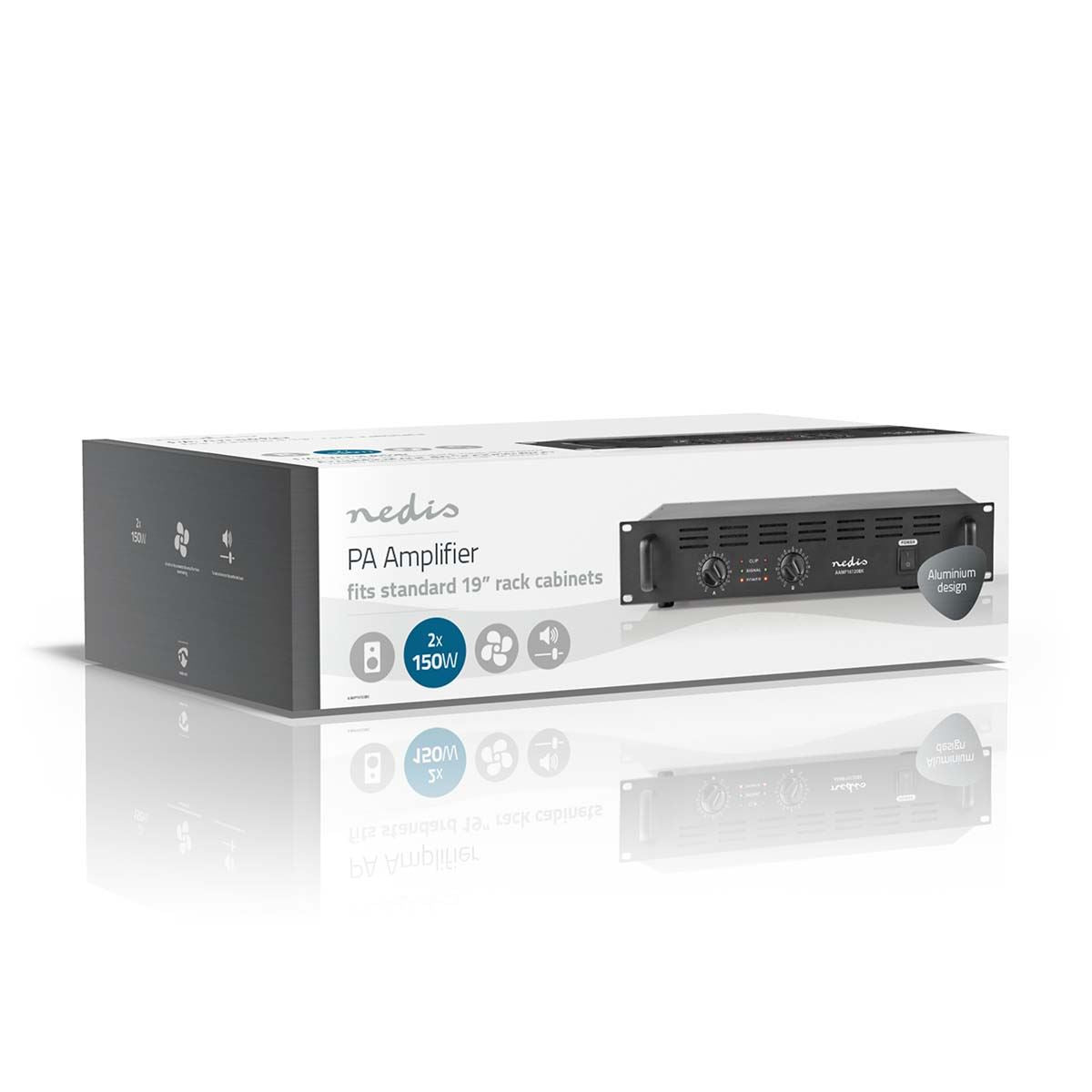 Nedis PA Amplifier, Semi-Professional 2x 150 W with Built-In Cooler, Peak Level Indicator, Fits 19"  Rack Cabinets, XLR, Lockable Speaker Connector & Binding Posts