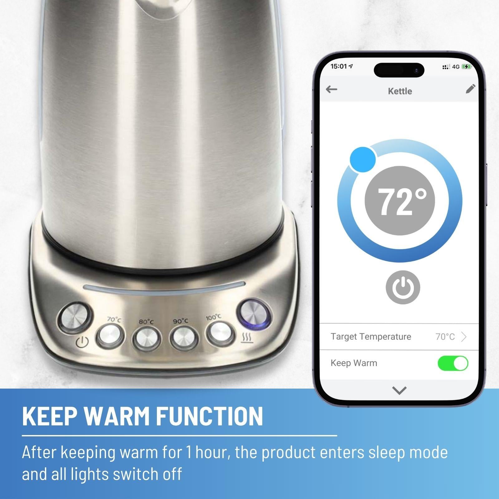 Nedis Smart Wi-Fi Kettle, 1.7L Stainless Steel, Variable Temperature 70-100oC, 2200W, App& Voice Control, Compatible with Alexa & Google