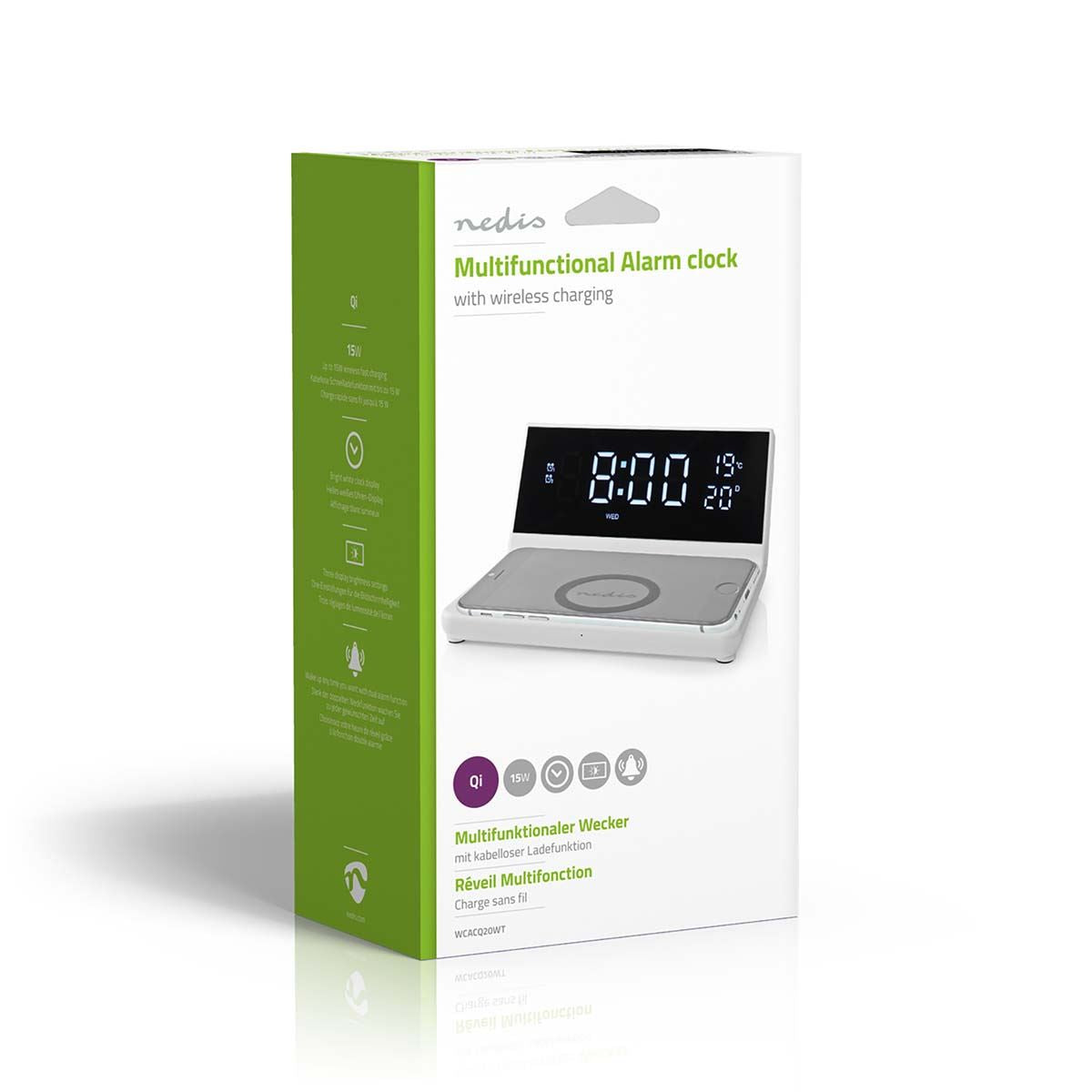 Nedis 3-in-1 Alarm Clock With Qi Wireless Charging, Led Clock, Dual Alarm, Snooze Function, USB Powered - White