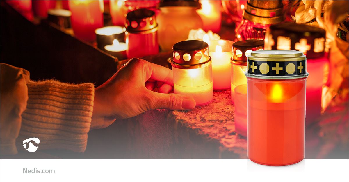 Nedis LED Grave Candle Light with Realistic Flickering Flame Effect, Battery Powered, Water Resistant, 6 Hours On / 18 Hours Off Timer - Red