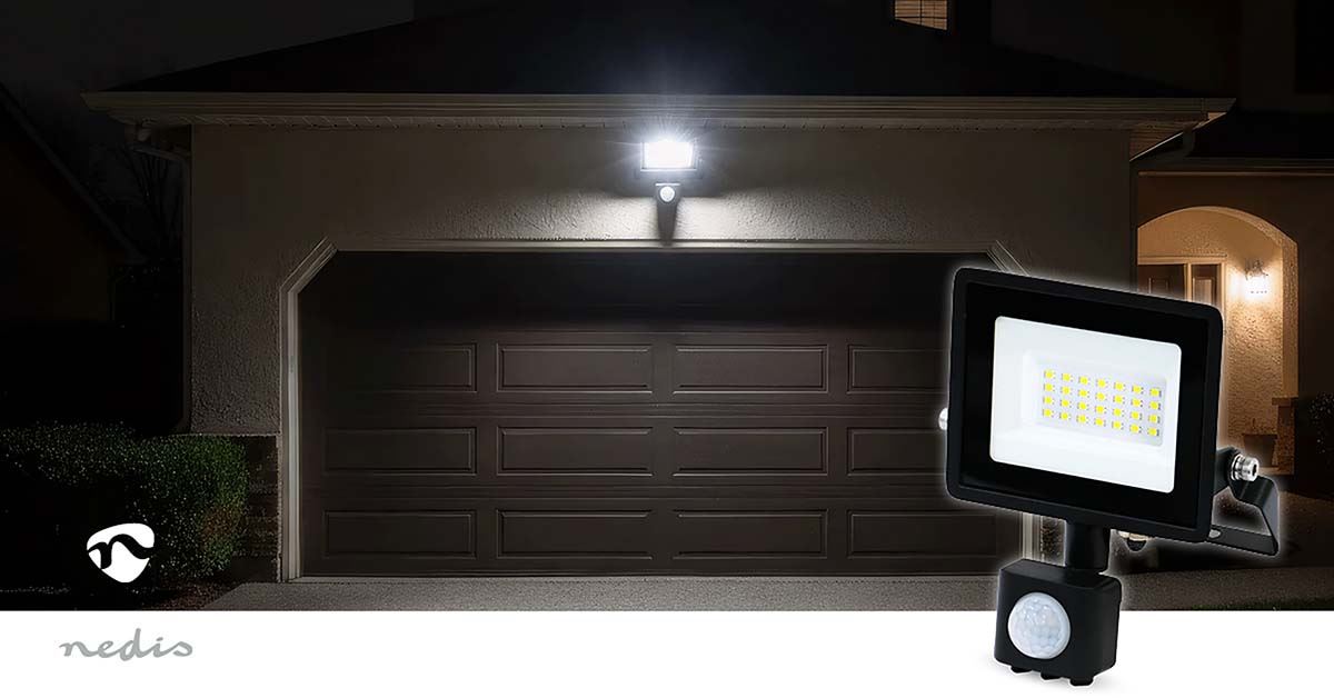 Nedis LED Floodlight with Motion Sensor - 20W Outdoor Security Light, 1620lm, 4000K Neutral White, Adjustable Timer, IP Rated, Wall Mount