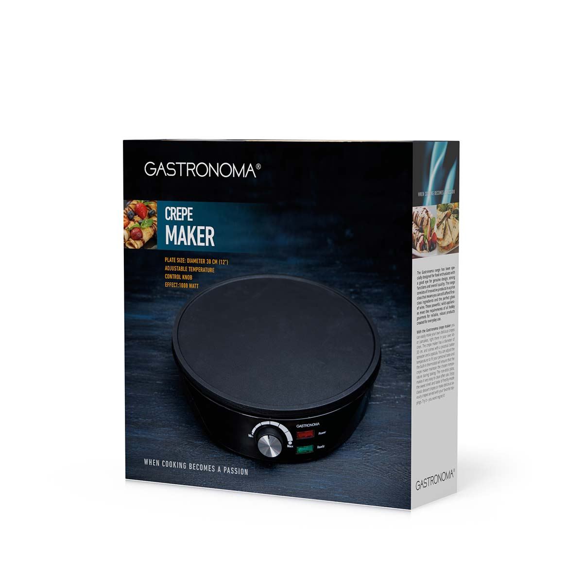 Gastronoma Crepe Maker, Electric 30cm Crepe and Pancake Maker with Non Stick Plate, Adjustable Temperature, Batter Spreader and Spatula, 1000W - Black