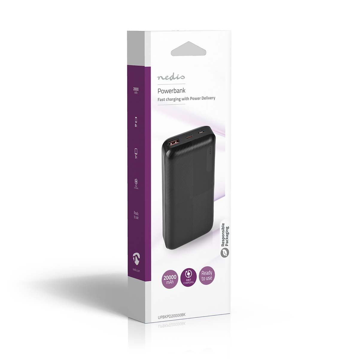 Nedis Powerbank | 20000 mAh | 1.5 / 2.0 / 3.0 A | Number of outputs: 2 | Output connection: 1x USB-A / 1x USB-C™ | Input connection: 1x Micro USB / 1x USB-C™ | PD2.0 18W | Lithium-Polymer