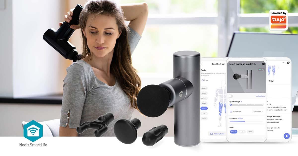 Nedis Smart Bluetooth Mini Ultra Light Sports Massage Gun, 5 Speeds up to 3600 RPM, 4 Attachments, Aluminium Body, Rechargeable - Dark Grey