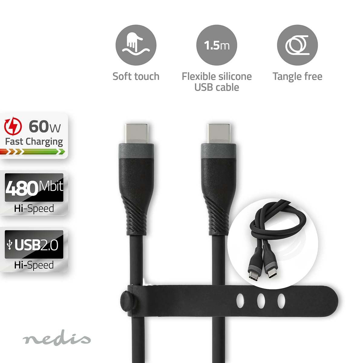 Nedis USB Cable | USB 2.0 | USB-C™ Male | USB-C™ Male | 60 W | 480 Mbps | Nickel Plated | 1.50 m | Round | Silicone | Black | Box
