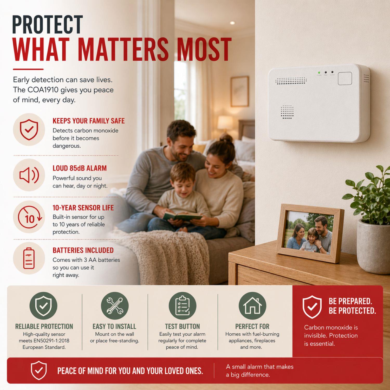 Alecto COA1910 Carbon monoxide Alarm with 10 year Sensor Runtime | LED Indication | EN50291-1:20180 | White