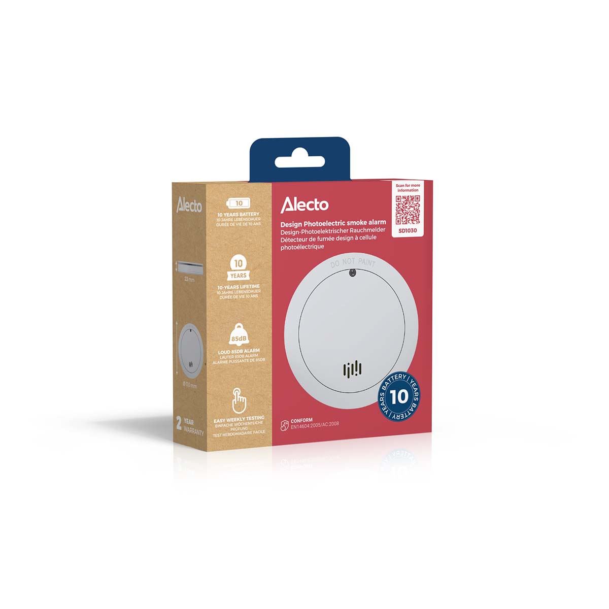 Alecto SD1030 Smoke detector with Runtime Sensor | >85 dB | 10 Year Battery Included | EN14604:2005/AC:2008 | White