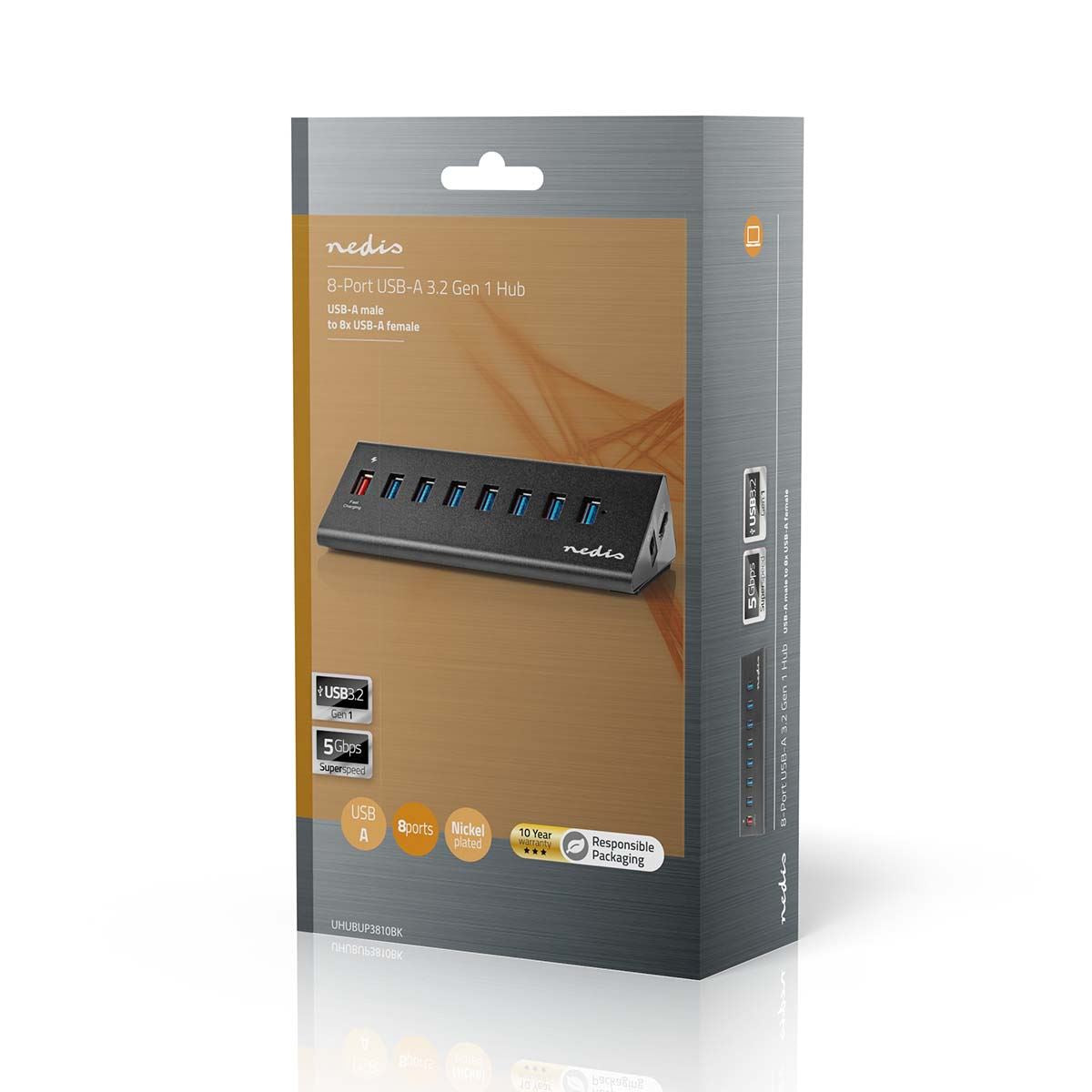 Nedis USB Hub | USB Micro-B Female | USB-A Female | 8 port(s) | QC3.0 / USB 3.2 Gen 1 | Mains Powered / USB Powered | 5 Gbps | 8x USB