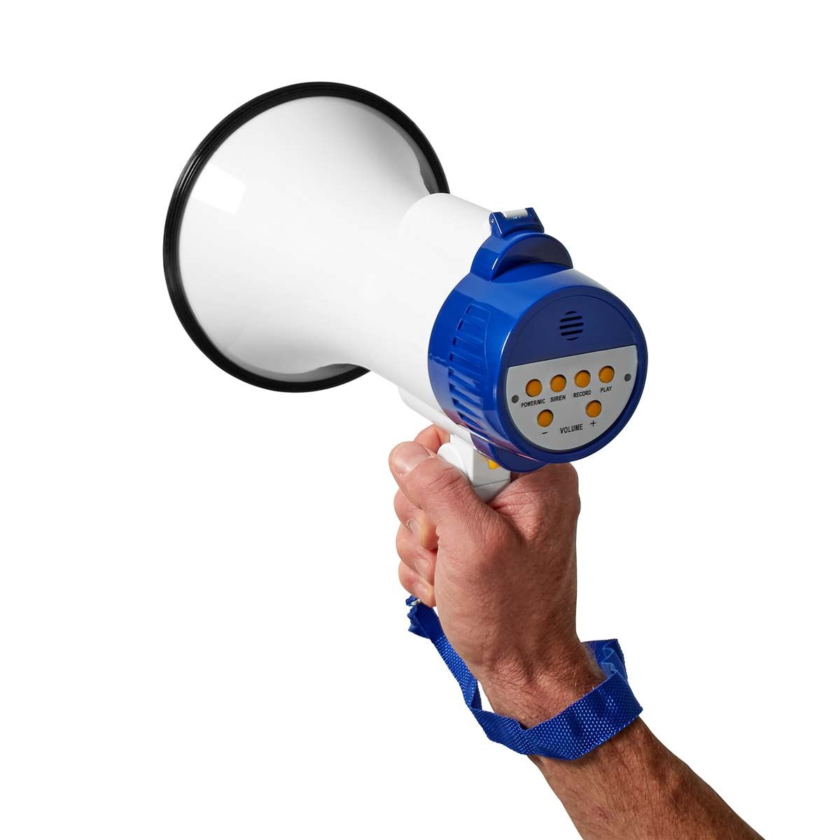Nedis 10W Megaphone, 250m Range with Built-in Microphone, Siren, Adjustable Volume, Record Function - White & Blue