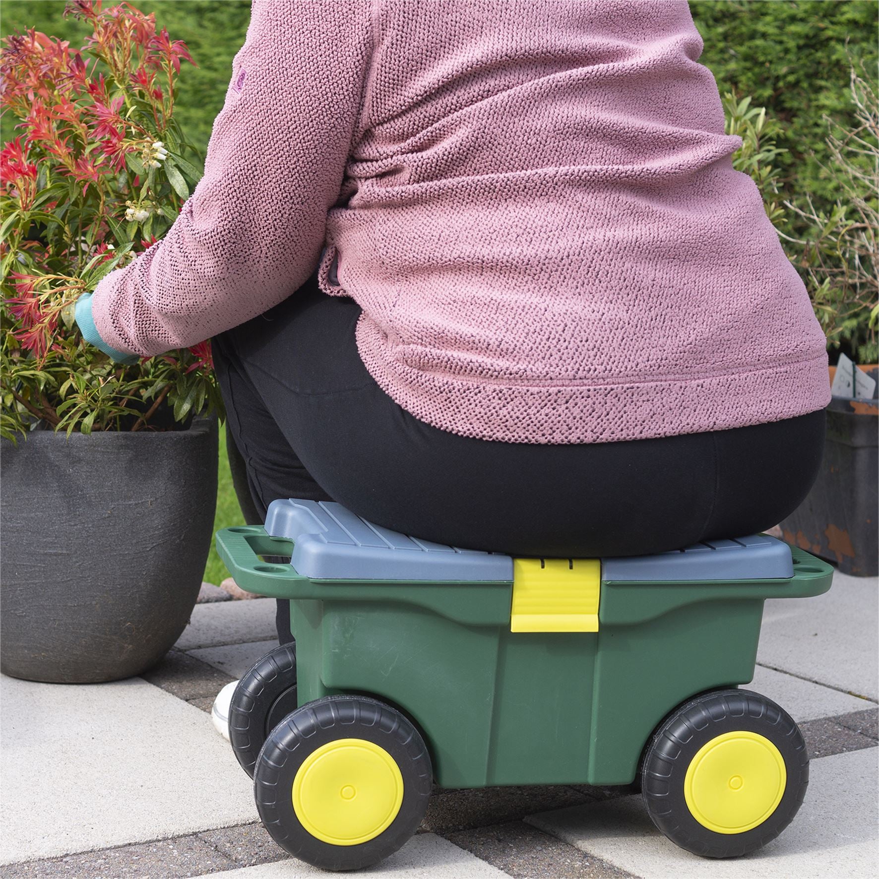 Outdoor Rolling Garden Seat Wheeled Stool with Tool Tray & Store
