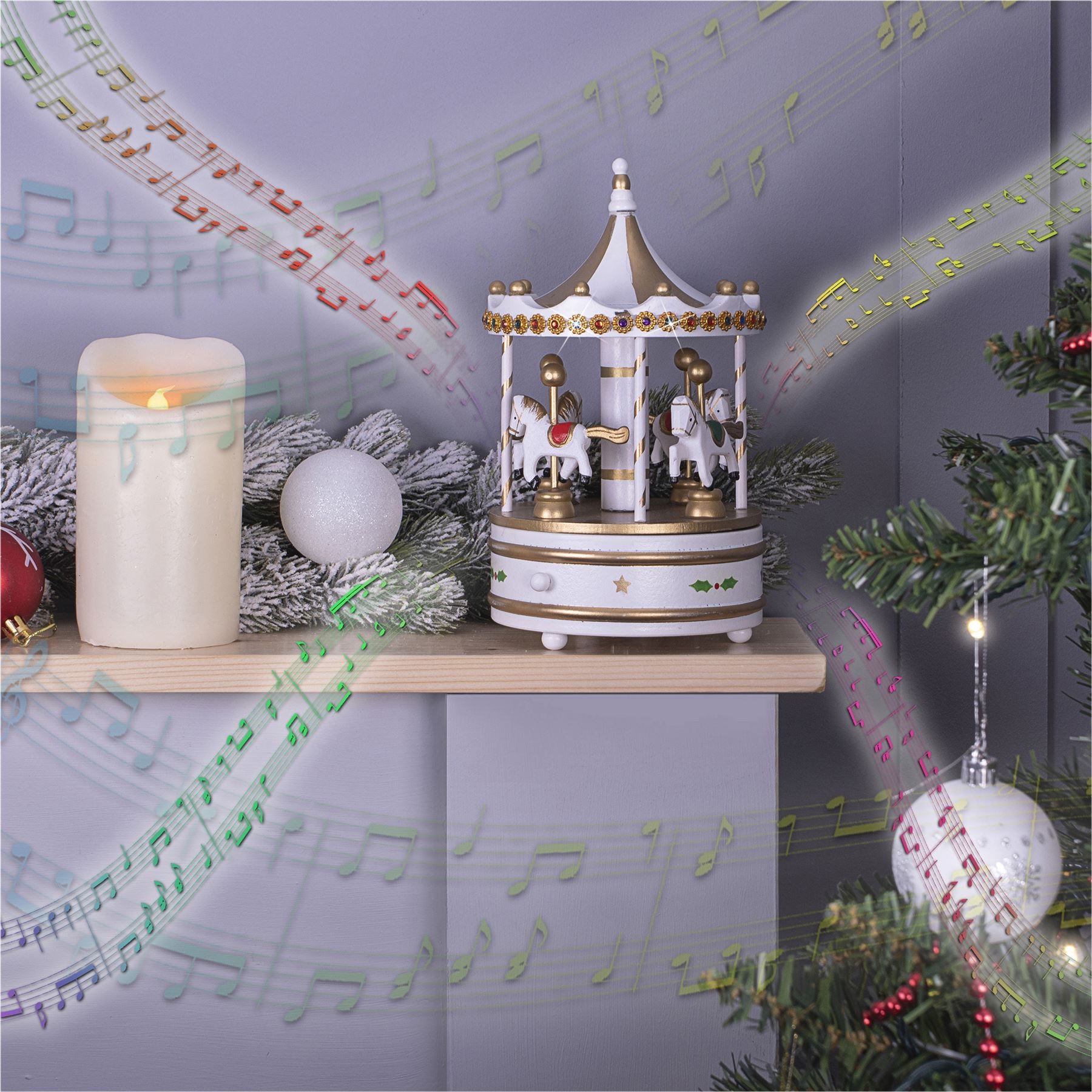 Christmas Wooden Mechanical Carousel Music Box Wind Up Ornament - White & Gold