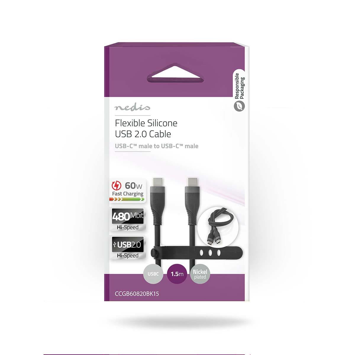 Nedis USB Cable | USB 2.0 | USB-C™ Male | USB-C™ Male | 60 W | 480 Mbps | Nickel Plated | 1.50 m | Round | Silicone | Black | Box