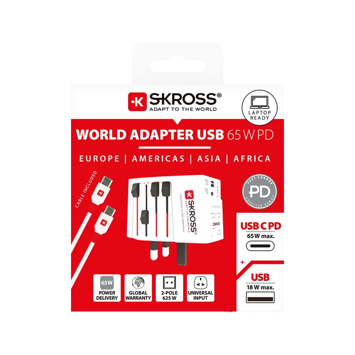 Skross Travel Adapter 2-pole World Wide with integrated Dual USB Charger (1x USB C & 1 x USB) 65 Watt Power Delivery | SKR1302976