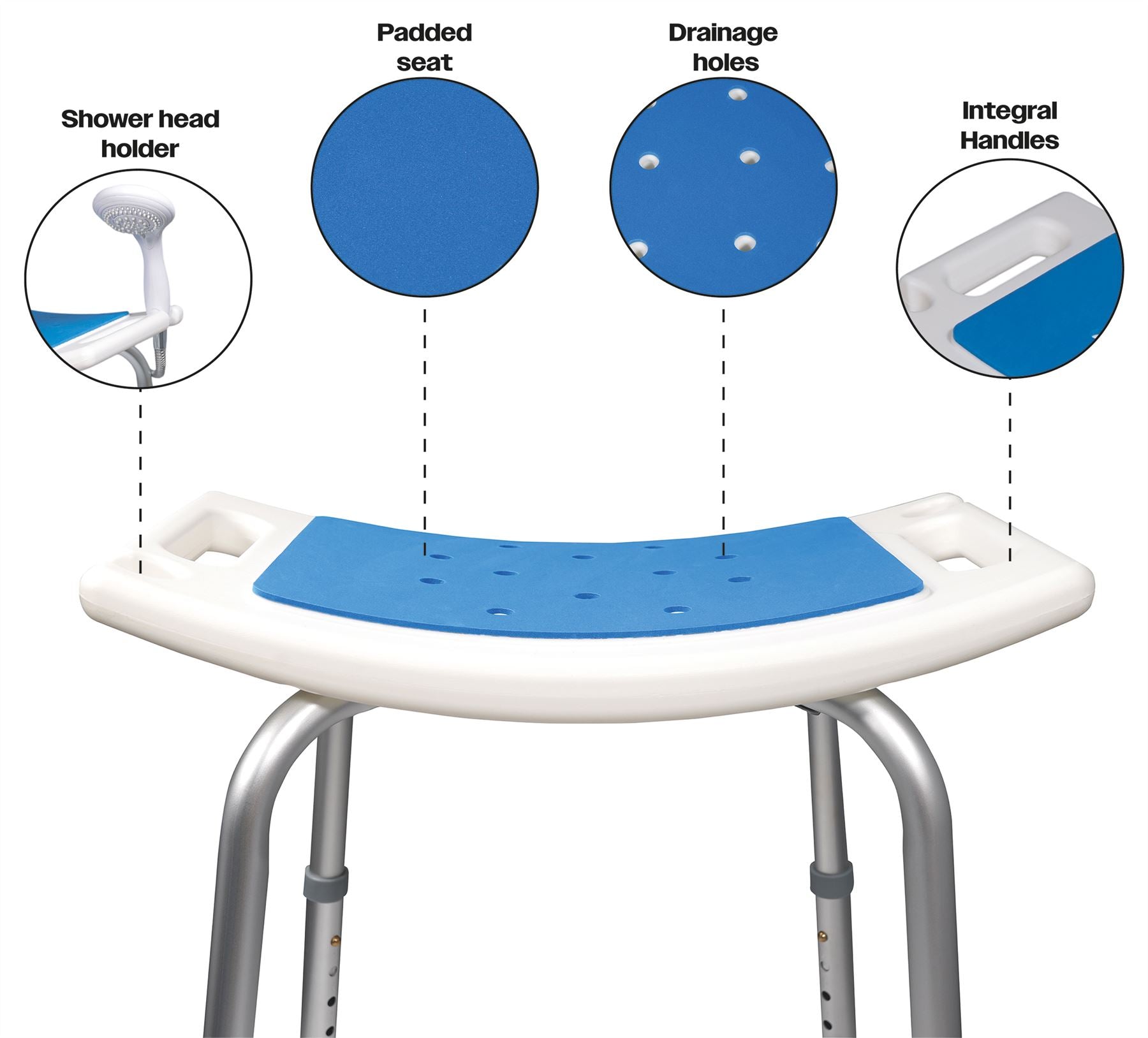 Aidapt Shower Stool with Seat Padding.Height Adjustable,Shower Head Holder,Minimal Assembly,No Tools Required,Non-Slip Ferrules,Integral Seat Handles,Elderly,Disability,Bath Chair