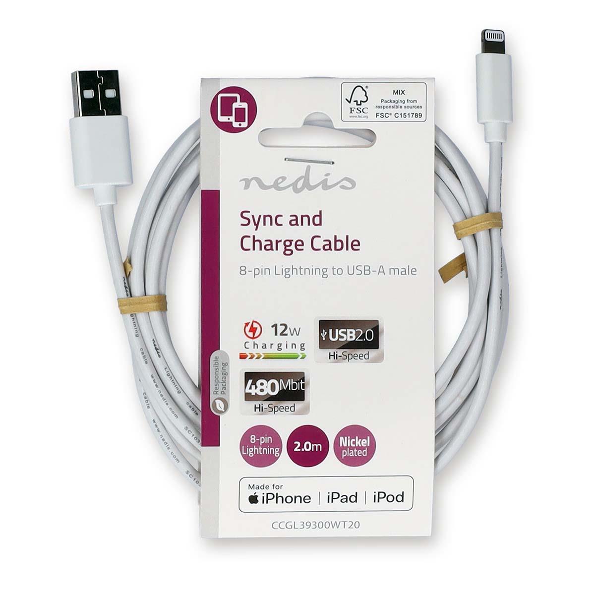 Nedis Lightning Cable | USB 2.0 | Apple Lightning 8-Pin | USB-A Male | 480 Mbps | Nickel Plated | 2.00 m | Round | PVC | White | Label