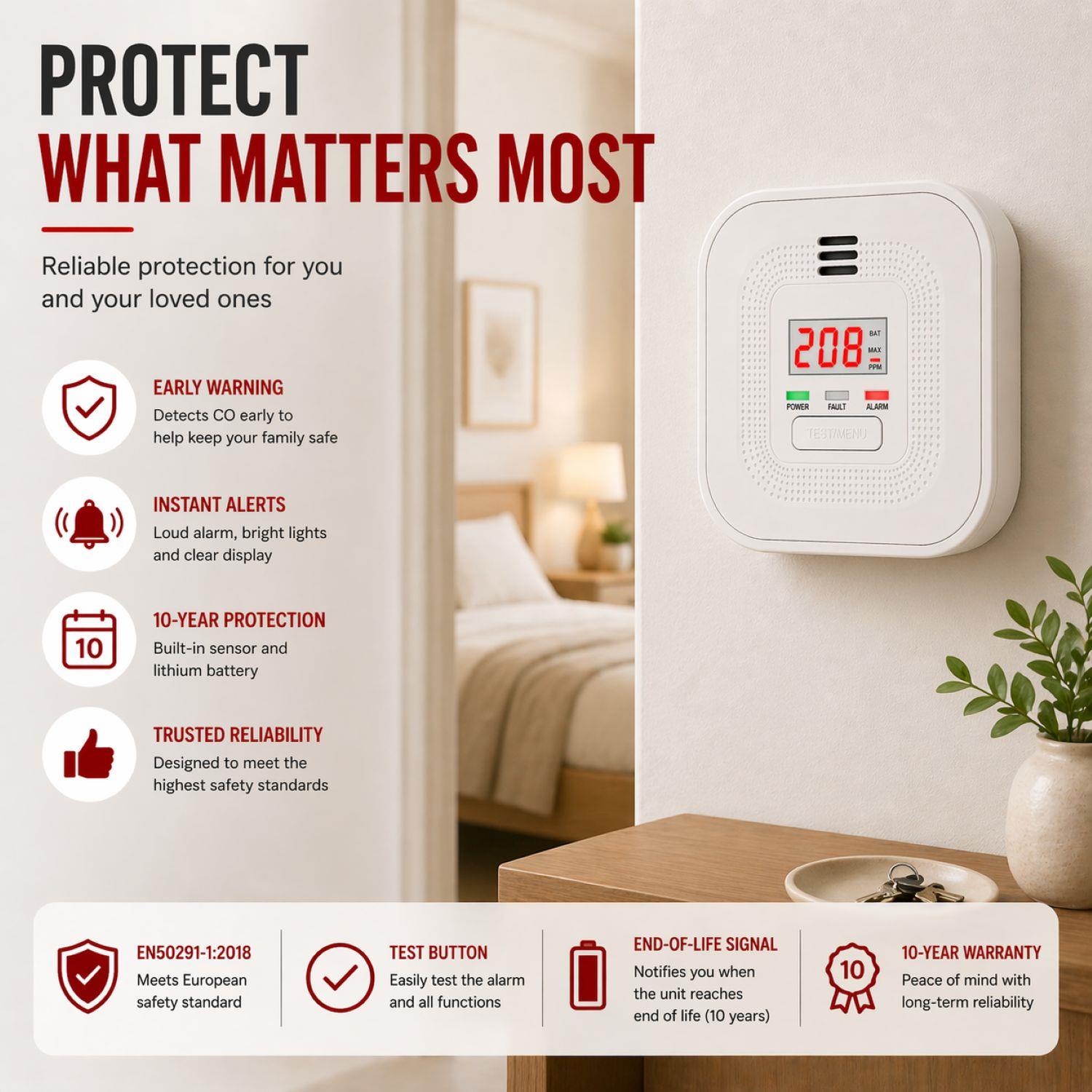 Alecto COA4010 Carbon monoxide Alarm with 10 year Sensor Runtime | LED Indication | EN50291-1:20180 | White