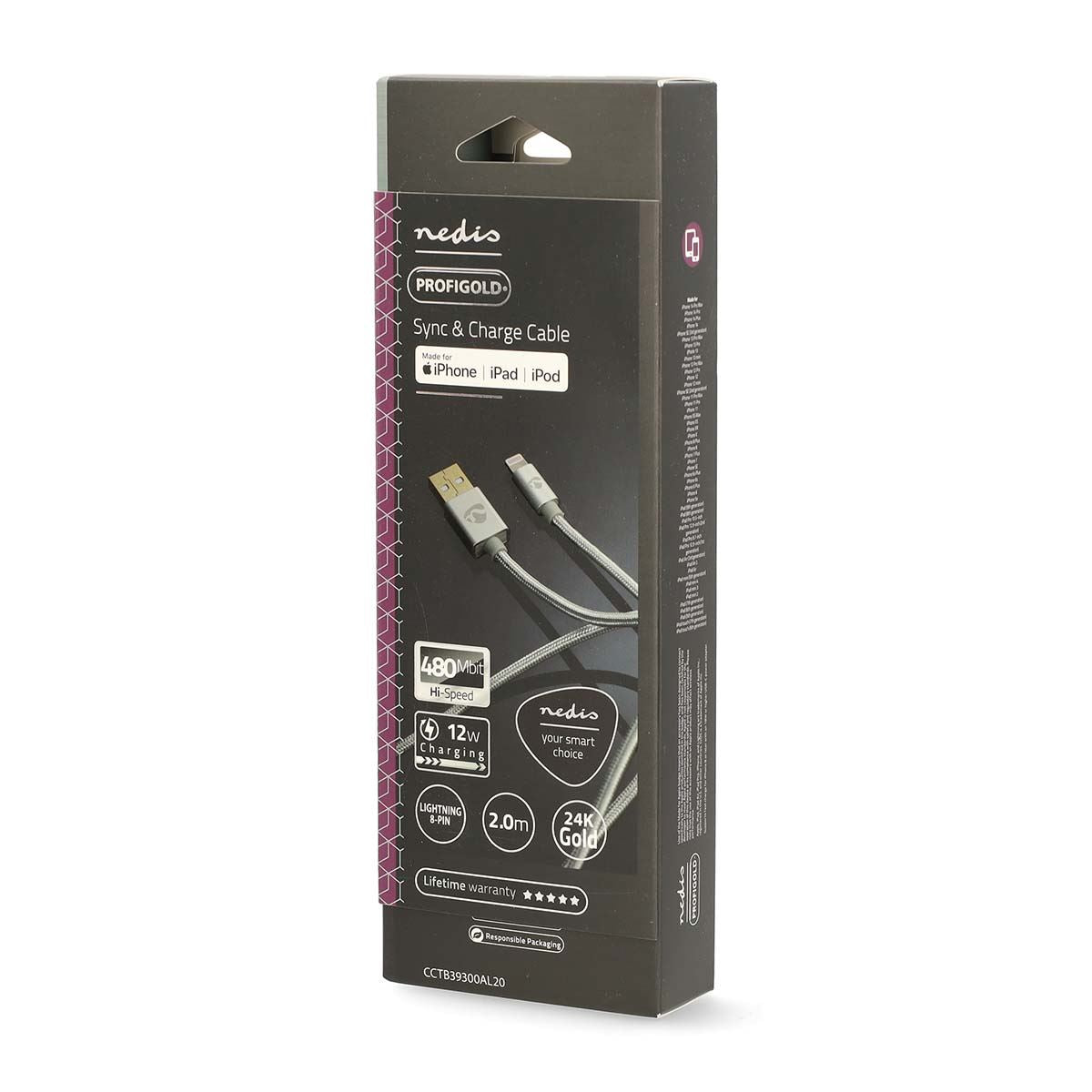 Nedis Lightning Cable | USB 2.0 | Apple Lightning 8-Pin | USB-A Male | 480 Mbps | Gold Plated | 2.00 m | Round | Braided / Nylon | Aluminium | Cover Window Box