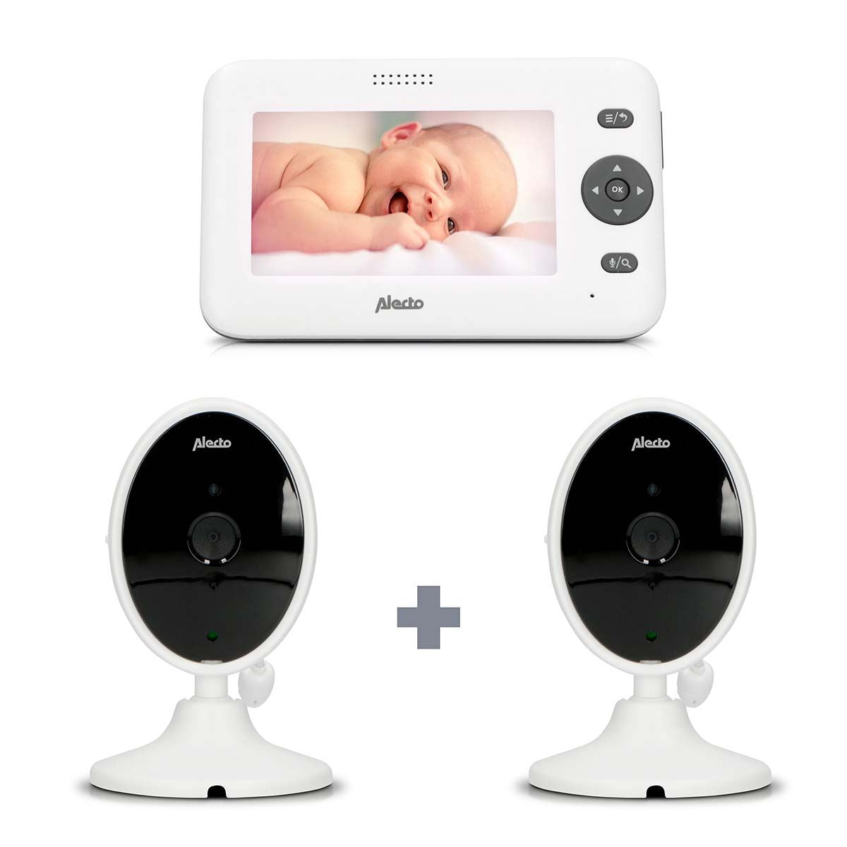 Alecto DVM-140+C Video Baby Monitor with 2 Cameras, 4.3" Inch No Wifi Baby Monitor, Temperature, Night Vision, Lullaby, Two-Way Audio - White