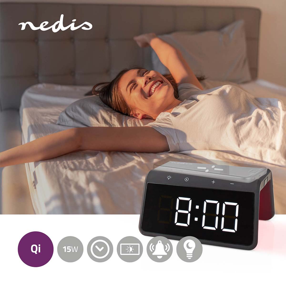 Nedis Wireless Charging Alarm Clock With Qi Certified Dock, Dual Programmable Alarms, Dimmable Backlit Display, Colour Changing Night Light - Black