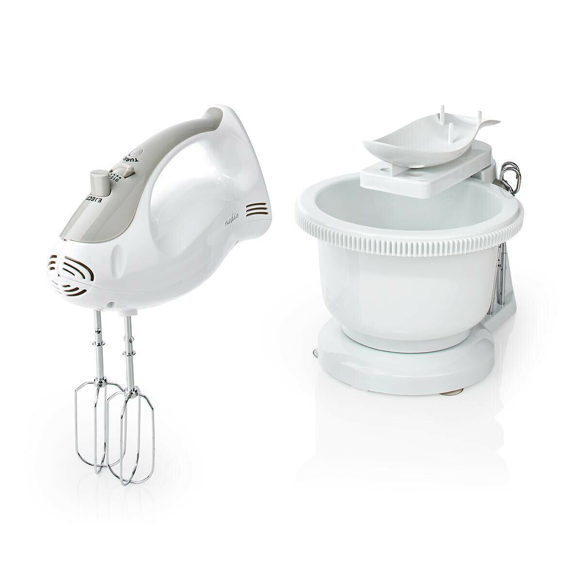 Nedis Electric Hand Mixer, 5 Speed with Turbo Button, with 2L Turning Bowl, Stainless Steel Beaters and Dough Hooks, 200W - White