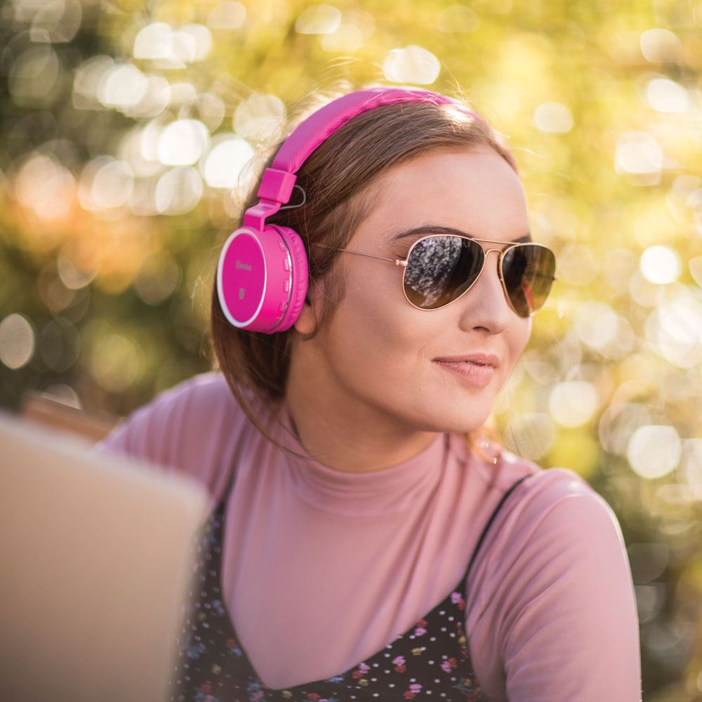 Av:link Foldable Stereo Bluetooth Headphones Wireless Headset Mic MP3 FM SD Slot Smartphone - Pink