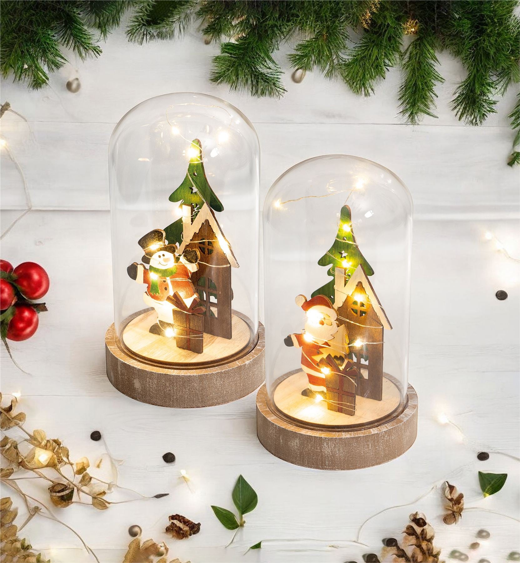 Light Up Cloche Snowman Christmas Scene with Glass Dome and Wire LED Lights Battery Powered