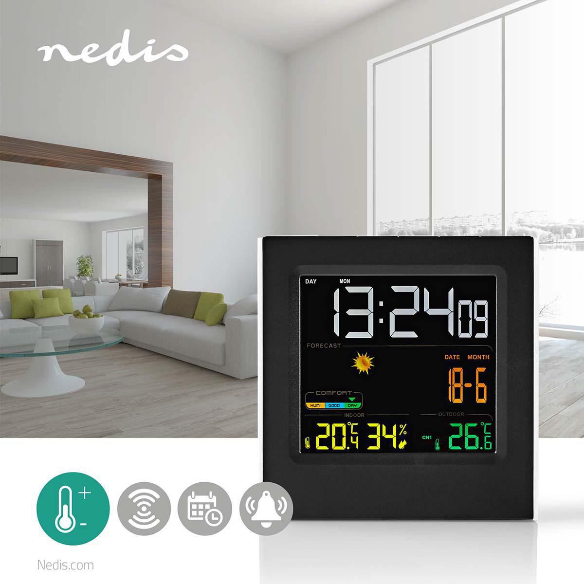 Nedis Weather Station | Indoor & Outdoor | Including wireless weather sensor | Weather forecast | Time display | LED Display | Alarm clock function