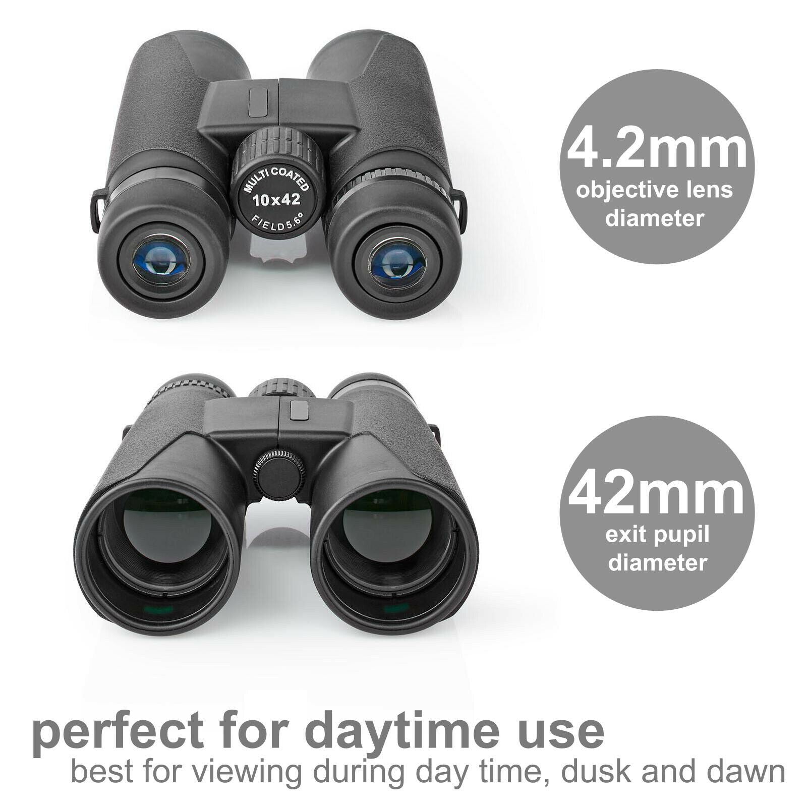 Nedis Binoculars 10x42 Roof Prism, Lightweight Travel Model with Rubber Grip, Dioptric Correction & 12mm Eye Relief for Spectacle Wearers, Black, Blue Lens