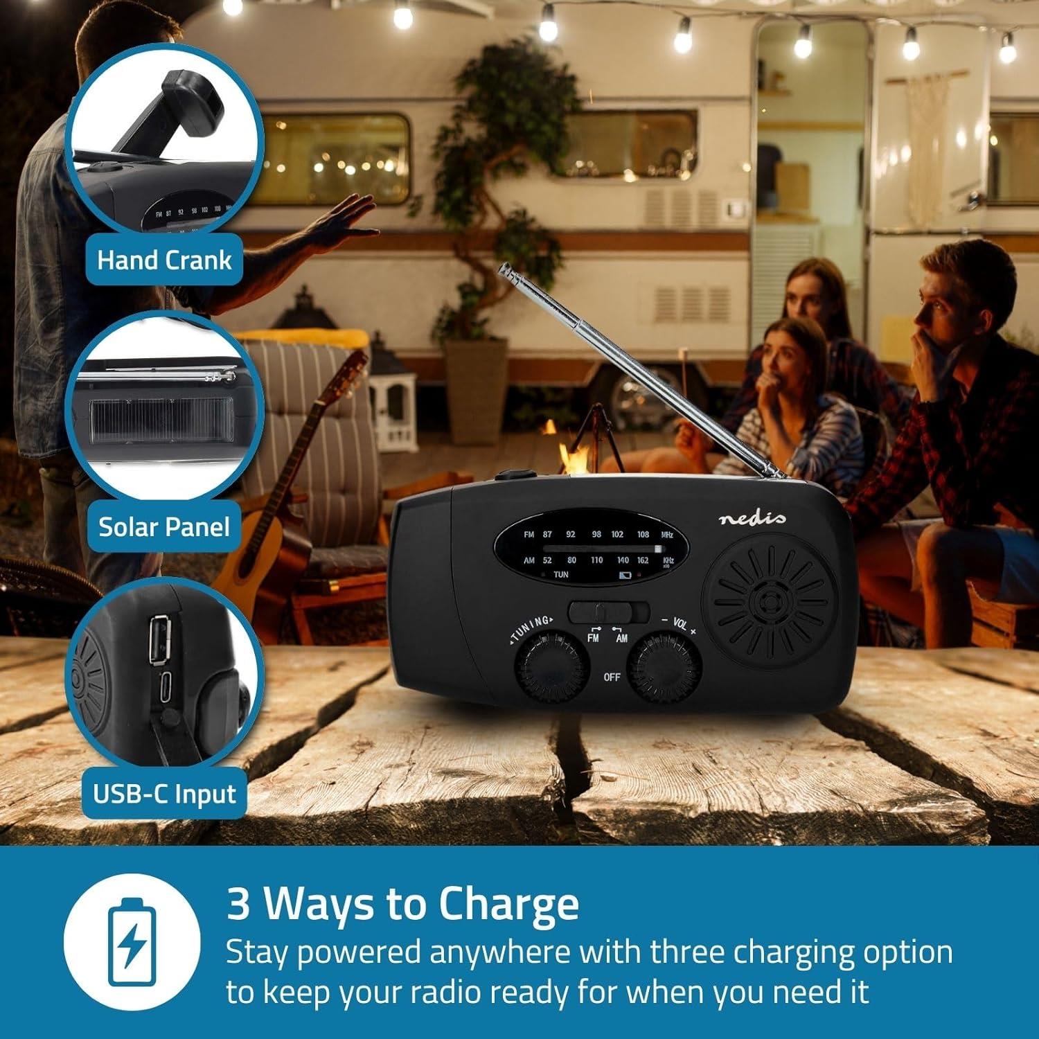 Nedis Portable Emergency AM/FM Wind Up Radio, with Solar Panel & Hand Crank, LED Torch, SOS Light and Rechargeable 2000mAh USB Powerbank - Black