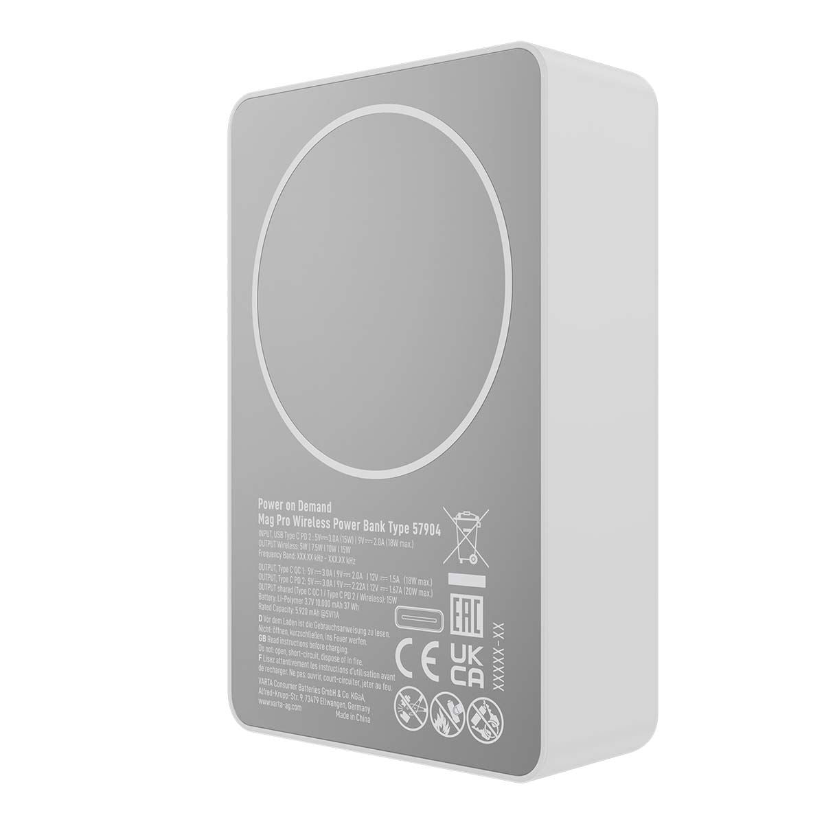 Varta Mag Pro Wireless Power Bank White Edition | 10000 mAh | Output connection: Wireless Mag Pro / 1 x USB-C™