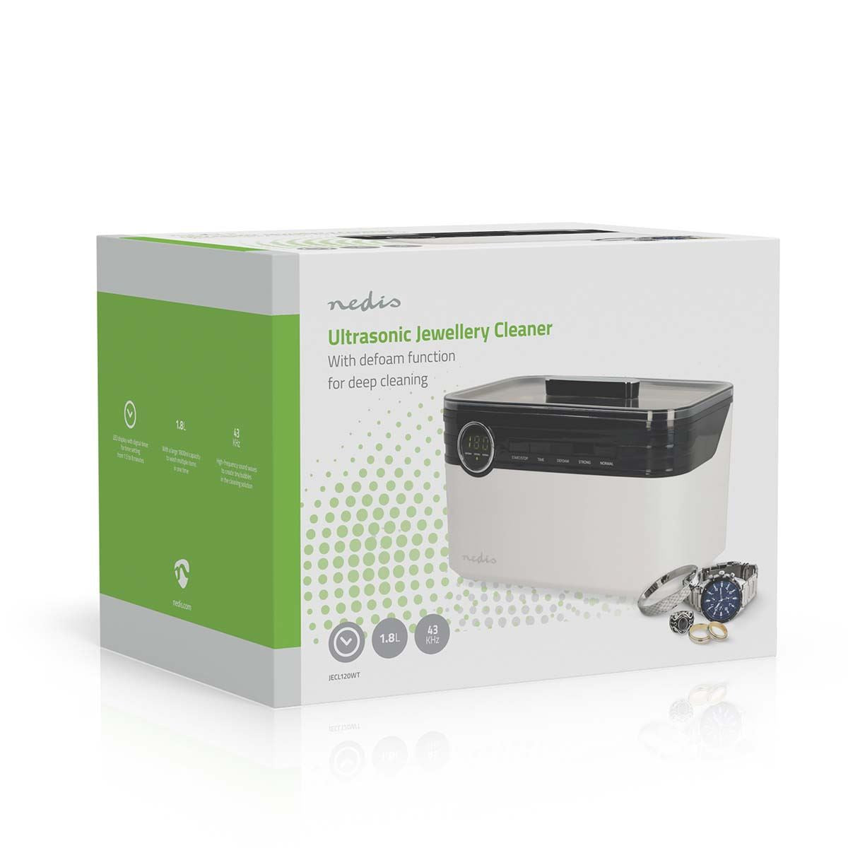 Nedis Digital Ultrasonic Jewellery Cleaner, 1800 ml Tank, 43 kHz Sonic Cleaning, 3 Modes with LED Timer – White