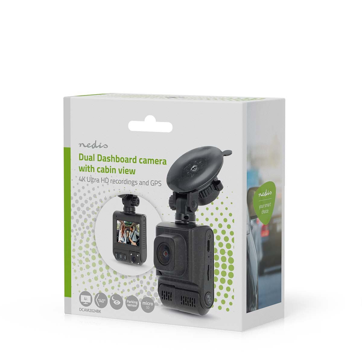 Nedis Dual Dash Cam, 4K UHD Front & 1080p Cabin View, 12MP, 2" IPS Display, GPS, Wi-Fi, G-Sensor, Parking & Motion Detection, Night View, 140� Wide Angle, Loop Recording, Photo Mode