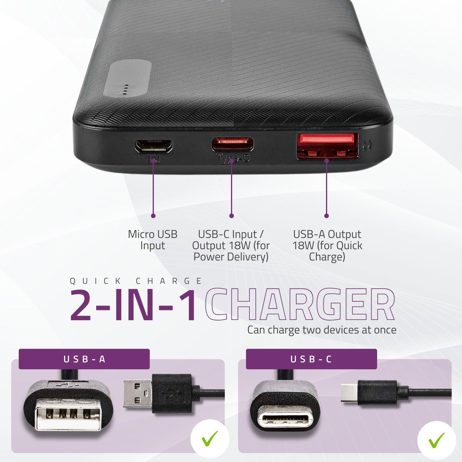 Nedis Powerbank | 10000 mAh | 1.5 / 2.0 / 3.0 A | Number of outputs: 2 | Output connection: 1x USB-A / 1x USB-C™ | Input connection: 1x Micro USB / 1x USB-C™ | PD2.0 18W | Lithium-Polymer