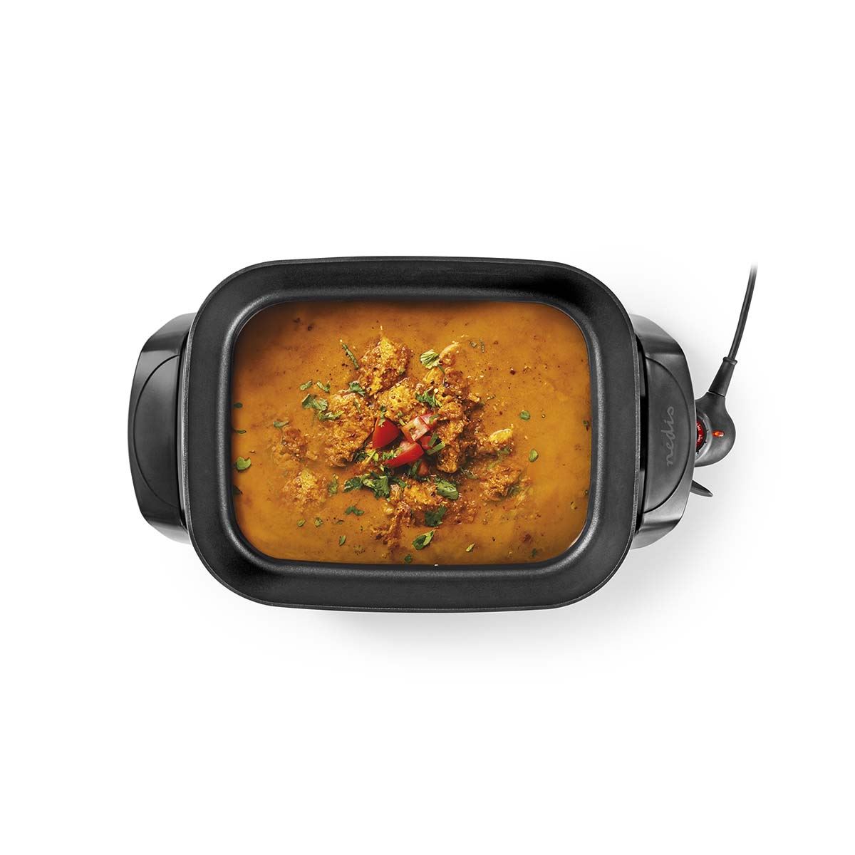 Nedis 7L Non Stick Electric Skillet Pan Cooker, 40cm XXL Multi Function with Tempered Glass Lid and Thick Cast Aluminium Body, 2200W for Frying, Baking, Stewing, Braising, Cooking - Black