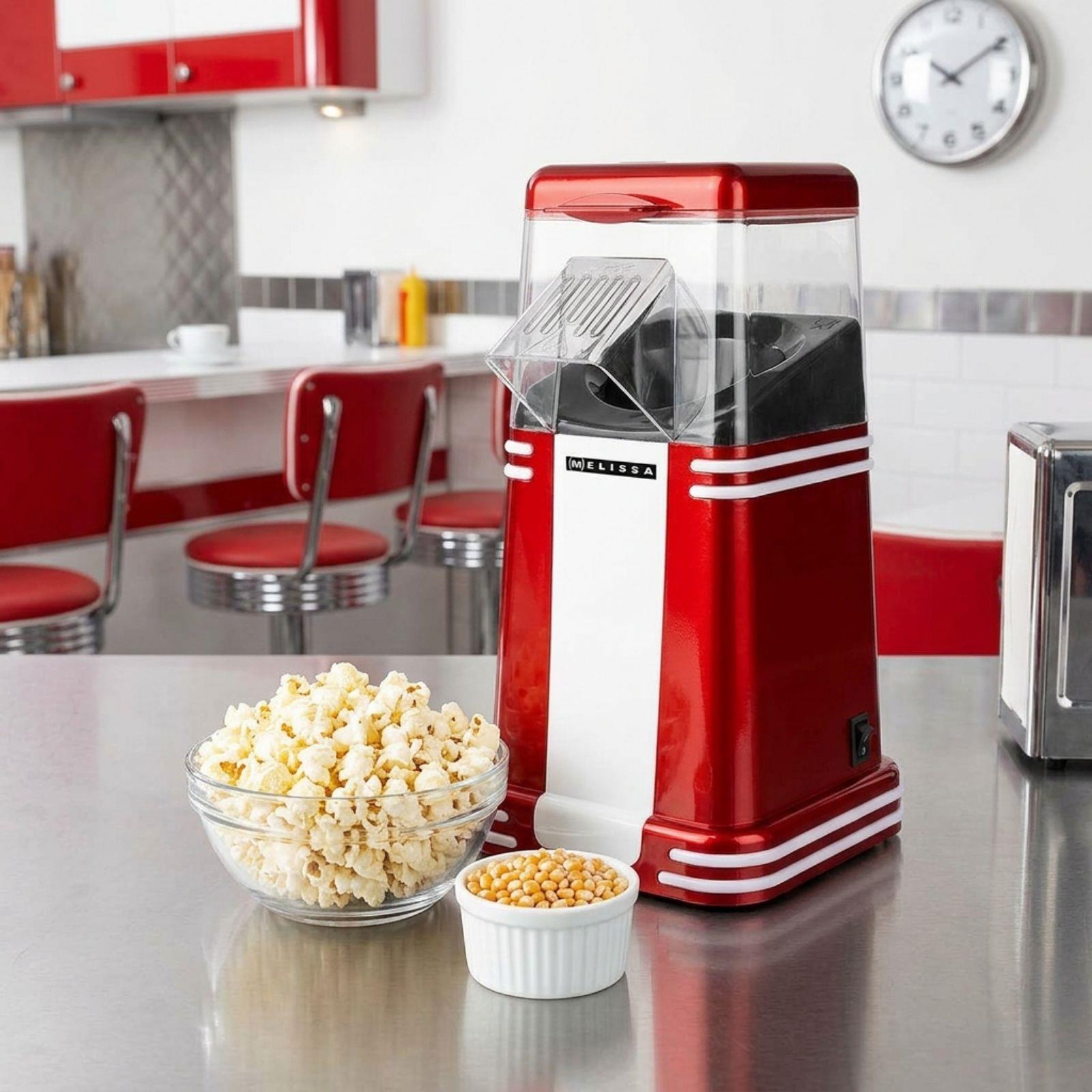 MELISSA Hot Air Popcorn Maker, Retro Table Top Machine for up to 60g of Healthy and Low Fat Popcorn, 1200W - Red/White