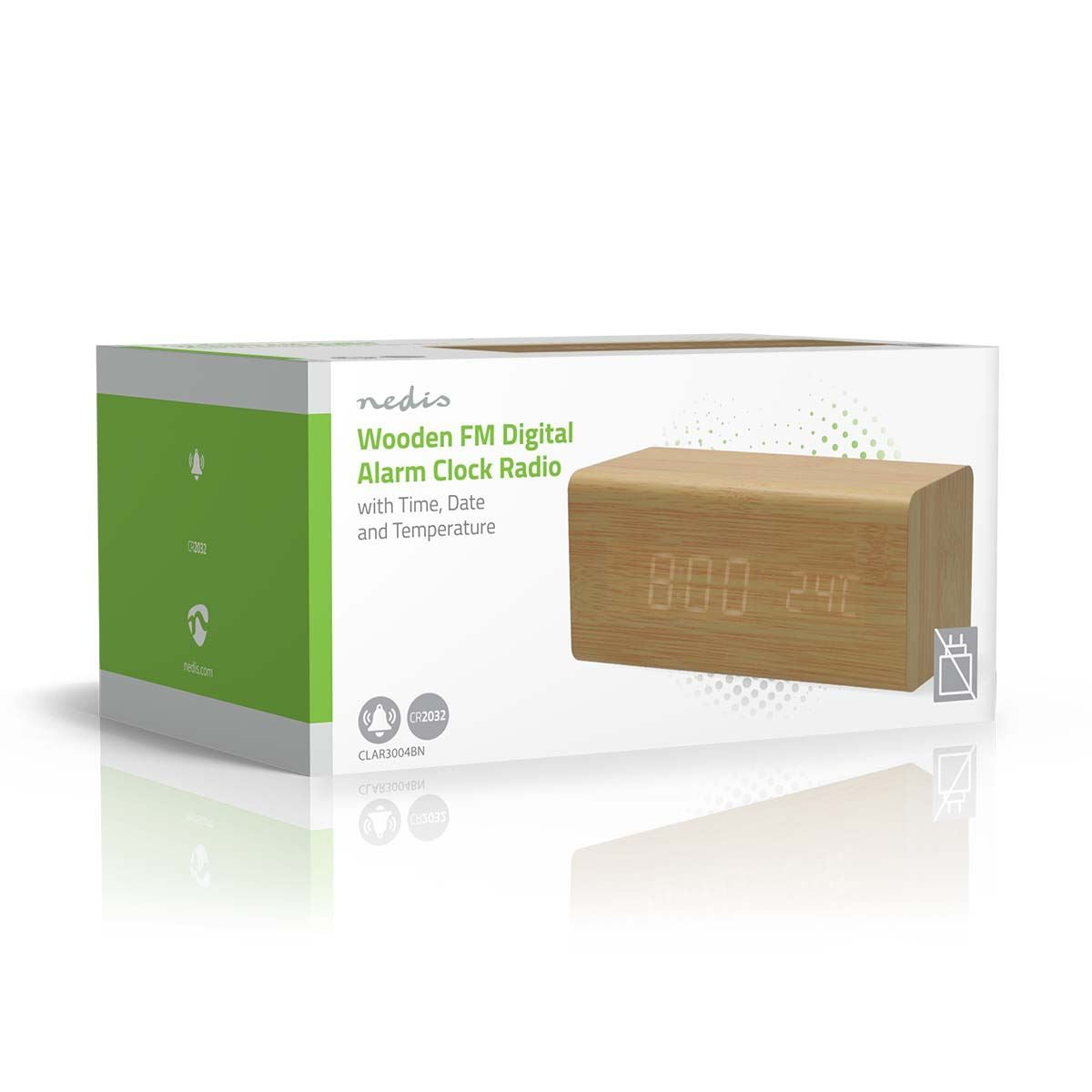 Nedis Scandi Digital Alarm FM Clock Radio | Thermometer | LED | USB-C™ Powered |Snooze function | Sleep timer | 2 Alarms | Wood