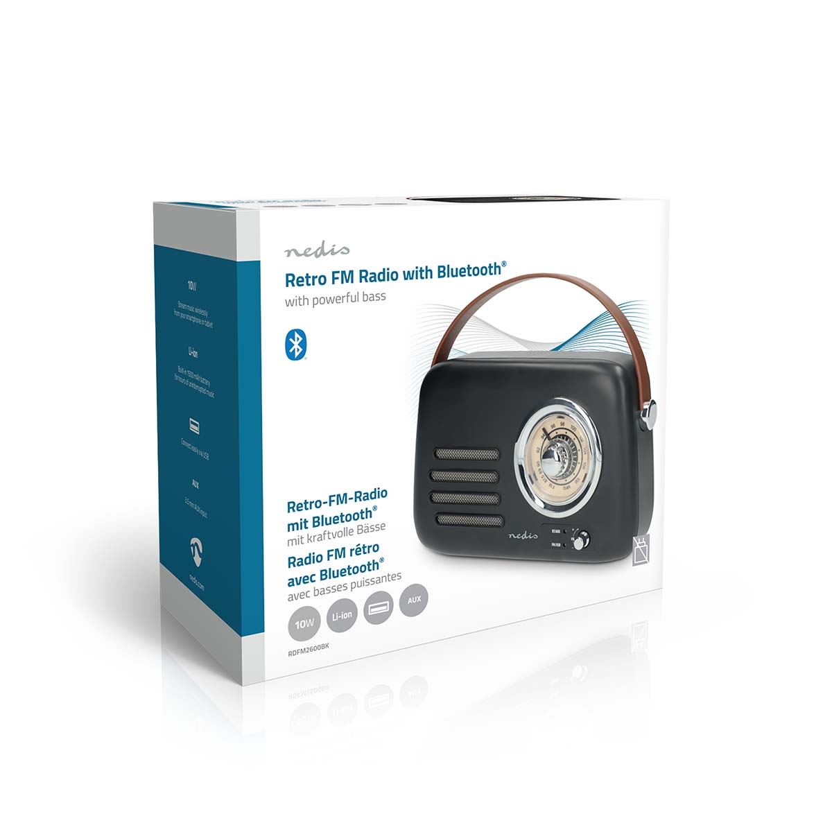 Nedis Retro FM Radio Bluetooth Portable Radio Speaker, USB Playback, AUX Input, Subwoofer Bass, Rechargeable Battery, USB-C