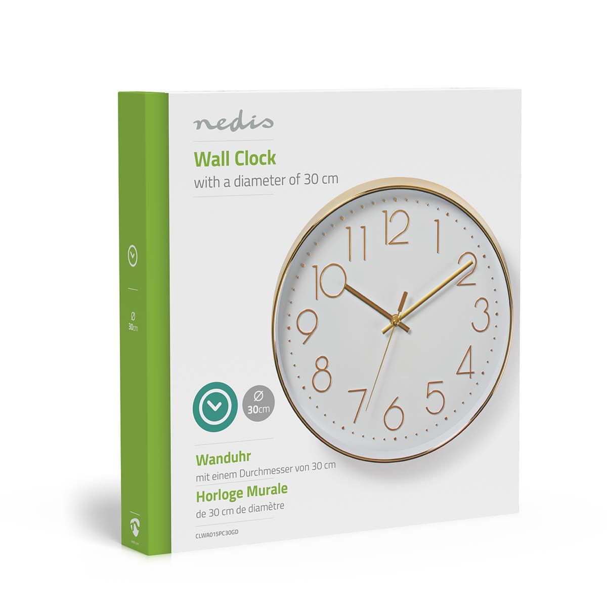 Nedis 30cm Wall Clock with Easy Read Numbers, Battery Powered - Gold  / White