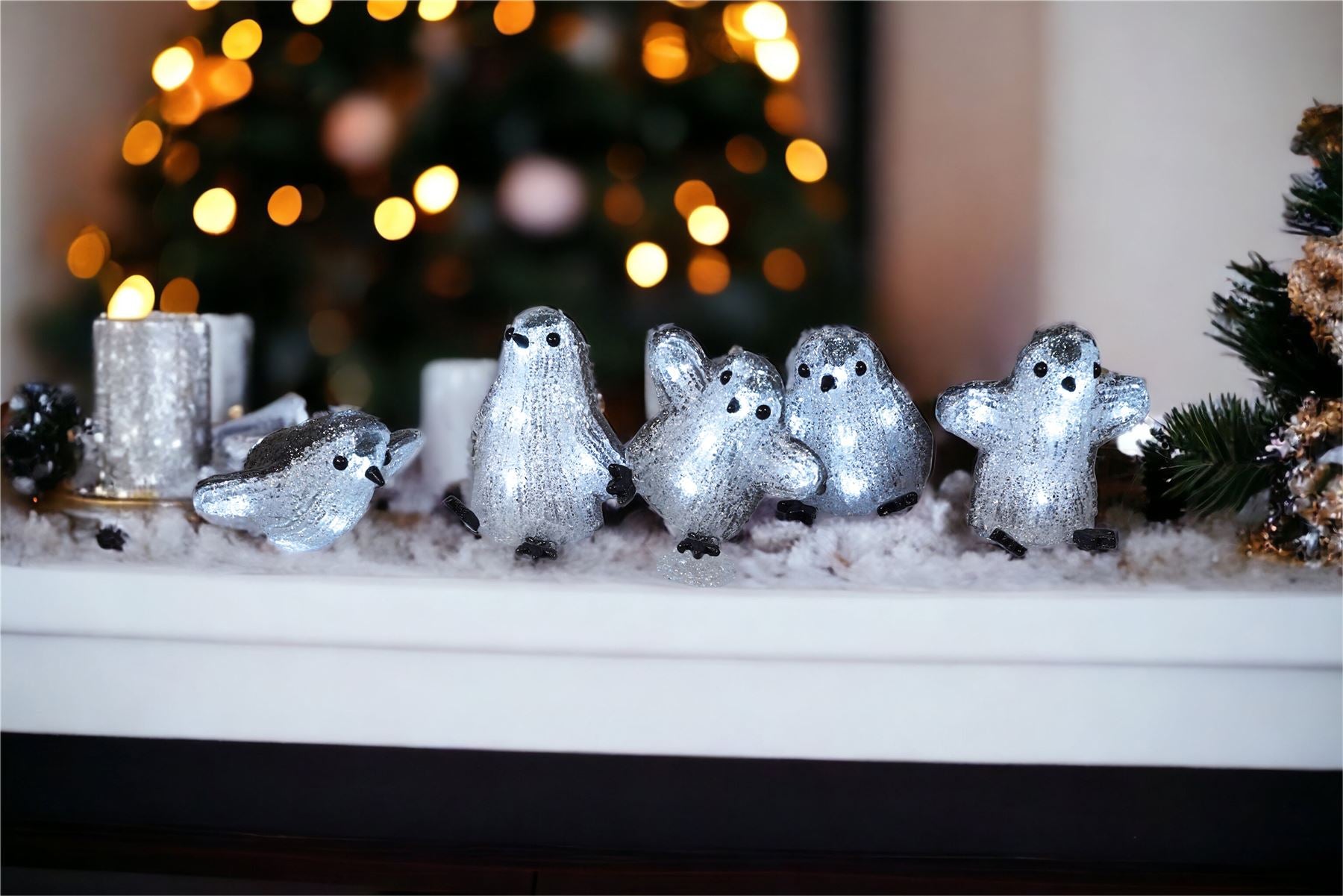 Set of 5 Acrylic Outdoor/Indoor Christmas Penguins Battery Operated with 8 LED Light's Per Birds and On/Off Timer